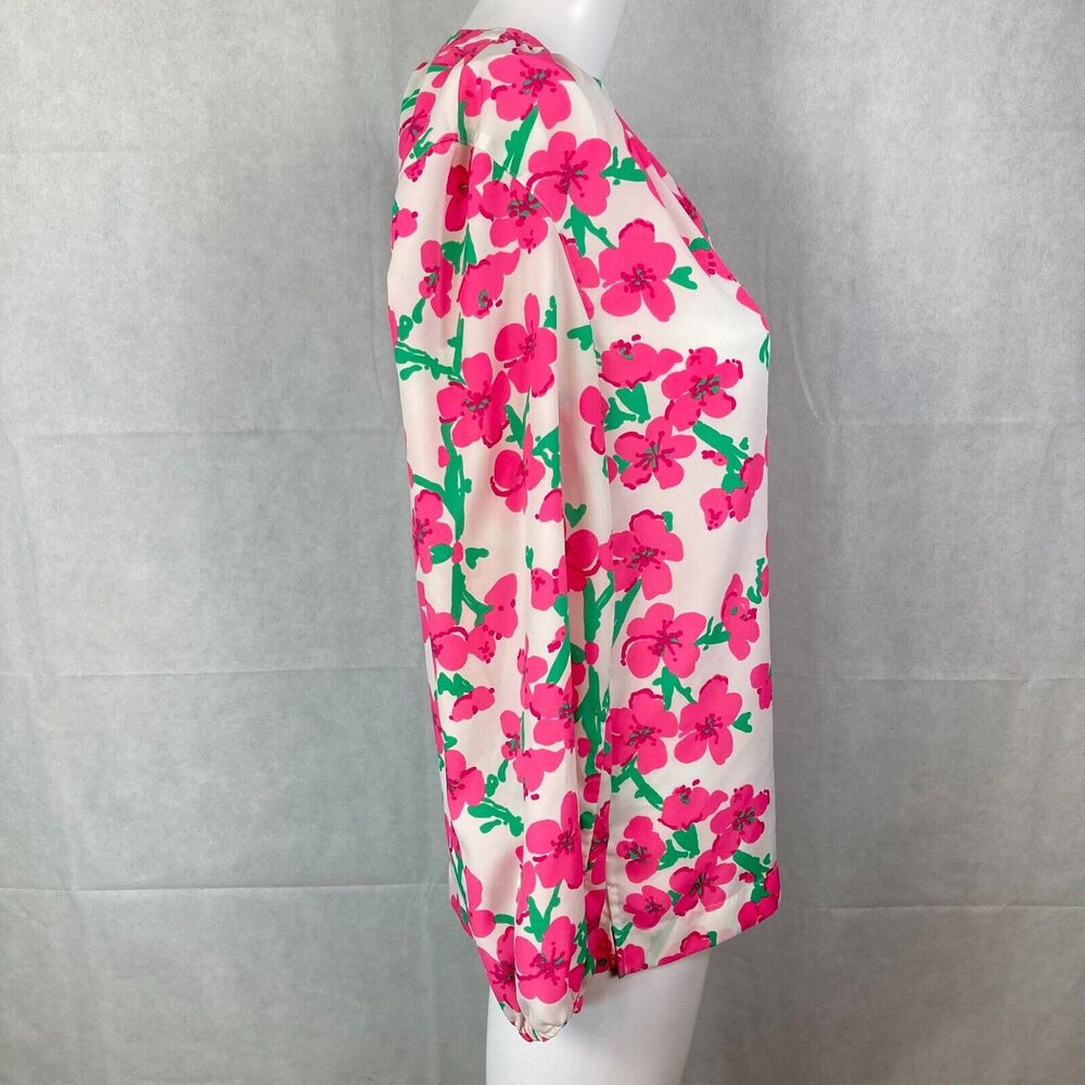 Lilly Pulitzer Shirt Women Sz XS White Pink Green Floral Gold Button Popover Top - Picture 3 of 9